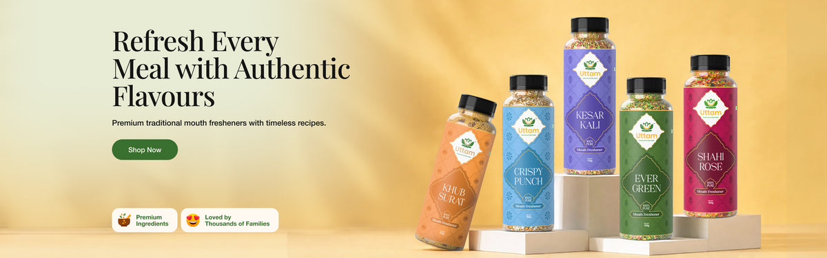 A promotional banner for five bottles of traditional Indian mouth fresheners by Tezu, displayed against a warm beige background with text overlays. The products include Harid Surai, Crispy Punch, Kesar Kalli, Ever Green, and Shami Rose, each in a different colored bottle with black caps.1621243260e1af0c20-0